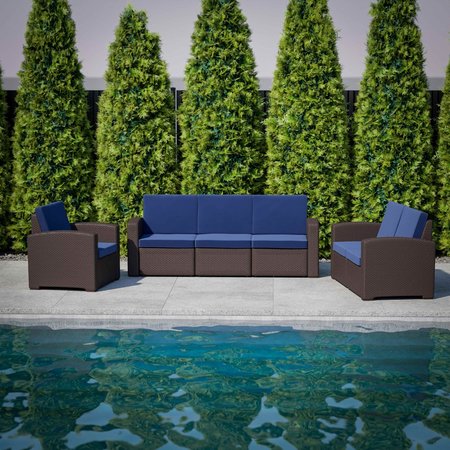 Flash Furniture Seneca Brown Faux Rattan Loveseat with All-Weather Navy Cushions DAD-SF1-2-BNNV-GG